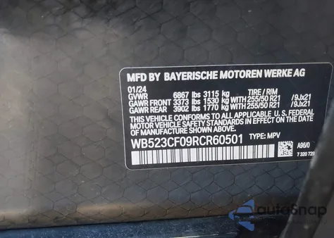 2024 BMW Ix xDrive50 из США, поврежденный, VIN WB523CF09RCR60501